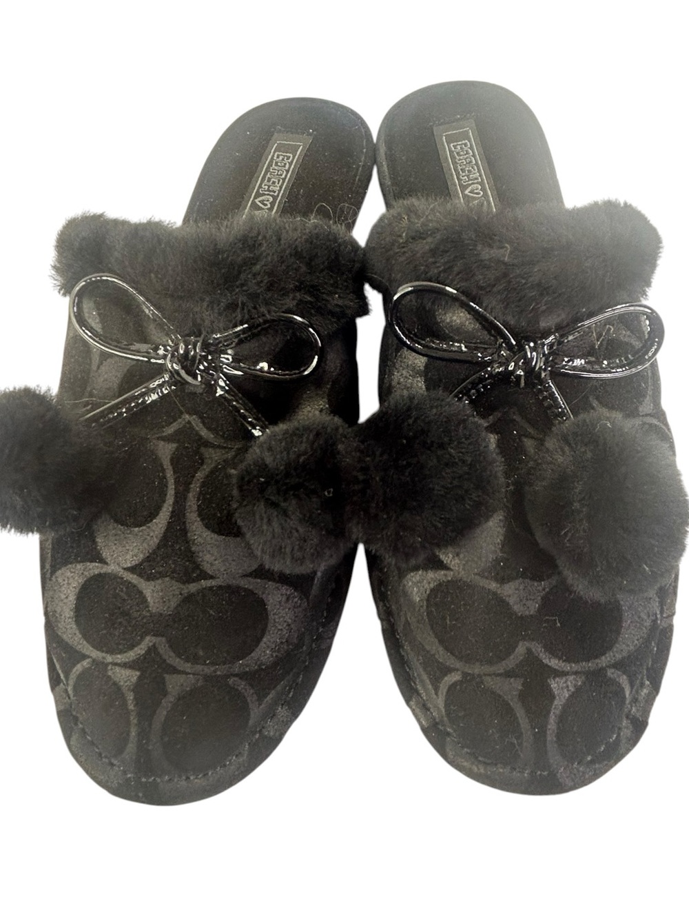Vintage Coach Poppy Jayda Black Signature C Jacquard Fur Slippers Bows Y2K - Picture 1 of 7